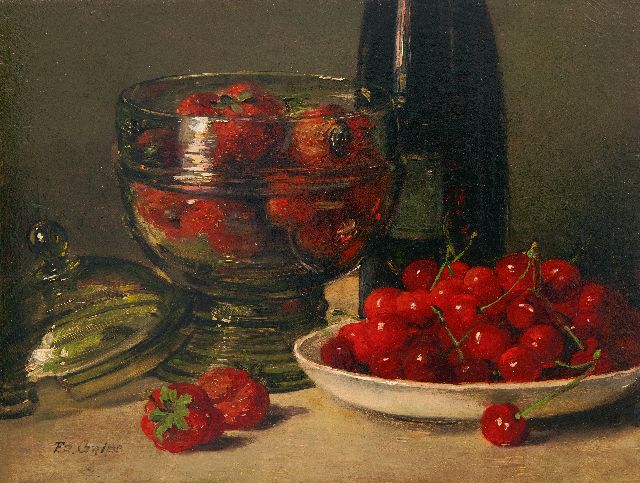 Grips F.  | Still life with cherries and strawberries in a glass jar, oil on panel 16.0 x 21.1 cm, signed l.l.