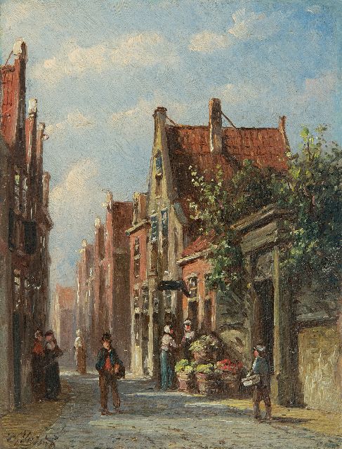 Vertin P.G.  | A sunny street with vegetable seller, oil on panel 13.4 x 10.2 cm, signed l.l.