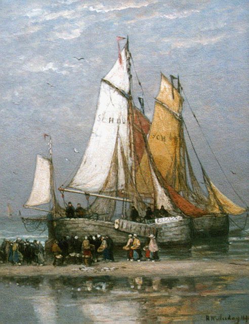 Hendrik Willem Mesdag | 'Bomschuiten' and fisherfolk on the beach, Scheveningen, oil on canvas, 88.5 x 69.5 cm, signed l.r. and dated 1895