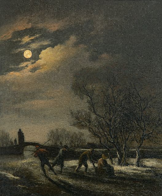 Simon Andreas Krausz | Skaters by moonlight, oil on panel, 21.6 x 18.3 cm
