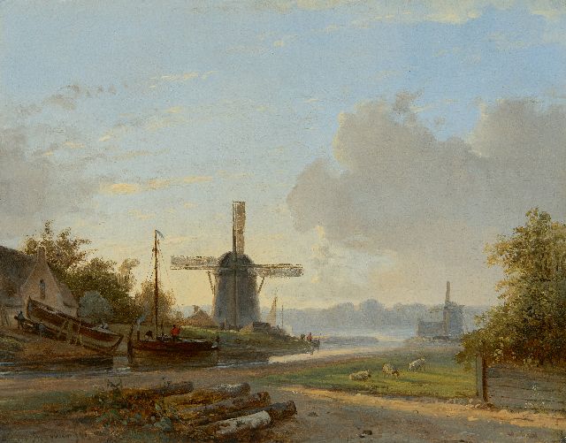 Brouwer P.M.  | River landscape with mills and shipyarsd, oil on panel 25.7 x 32.5 cm, signed l.l. and dated '41