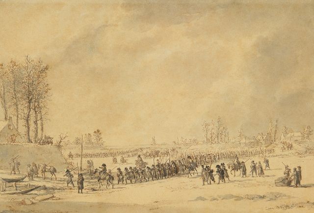 Dirk Langendijk | The crossing of the Dutch river Waal by the French army on January 10th 1795, ink on paper, 16.1 x 23.8 cm