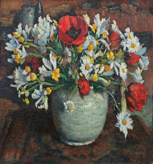 Moll E.  | Poppies and daisies in a white vase, oil on canvas 76.0 x 70.2 cm, signed l.l.