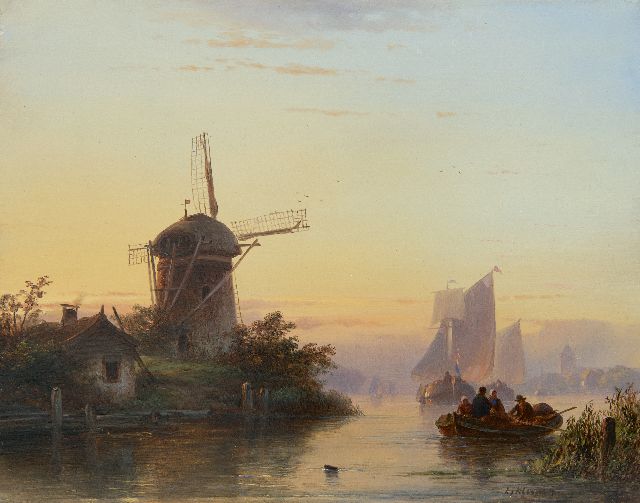 Lodewijk Johannes Kleijn | Shipping on a river at sunset, oil on panel, 28.7 x 36.5 cm, signed l.r.