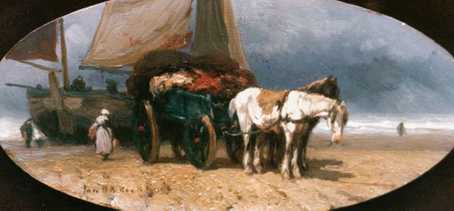 Jan H.B. Koekkoek | Unloading the catch, oil on panel, oval, 12.0 x 24.3 cm, signed l.l.