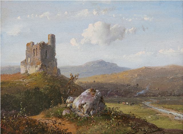 Schelfhout A.  | Panoramic landscape with ruin, oil on panel 14.8 x 21.1 cm, signed l.l. and dated '50