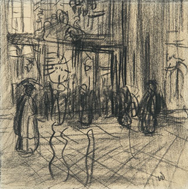 Kees van Dongen | Figures in a shopping street, charcoal on paper, 12.4 x 12.4 cm, signed l.r. with initials