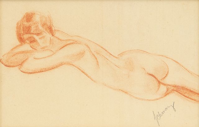Mommie Schwarz | Reclining nude, red chalk on paper, 17.8 x 25.3 cm, signed l.r.