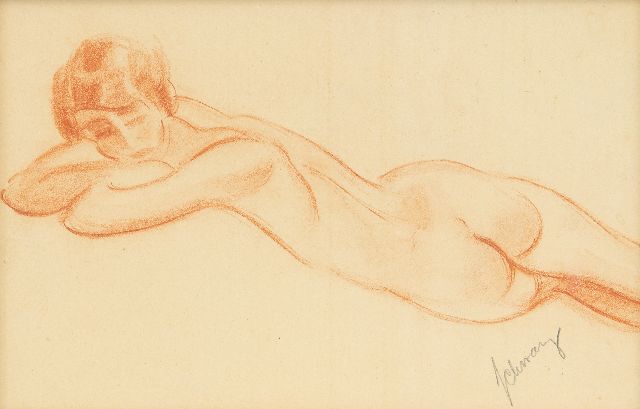 Schwarz S.  | Reclining nude, red chalk on paper 17.8 x 25.3 cm, signed l.r.