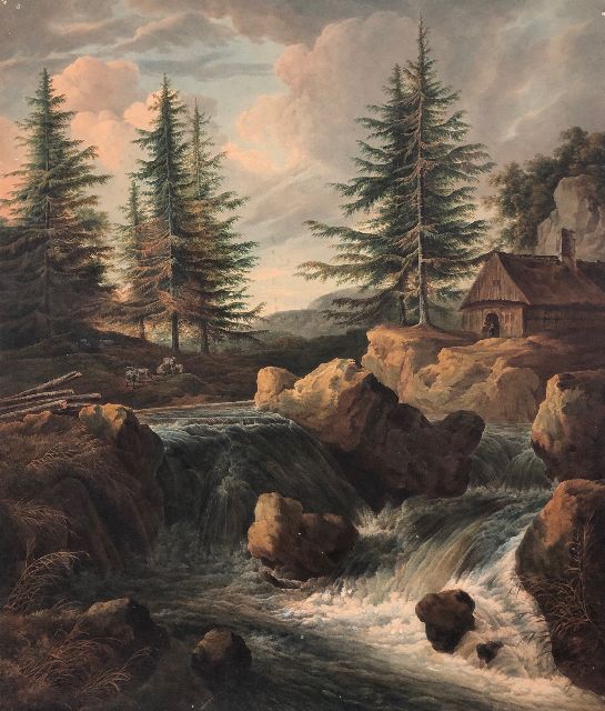 Nijmegen G. van | Mountain landscape with a waterfall near a cottage, watercolour on paper laid down on board 75.5 x 64.5 cm