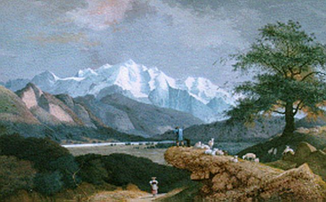 Josephus Augustus Knip | A mountainous landscape with a shepherd and flock, gouache on paper, 63.0 x 94.5 cm