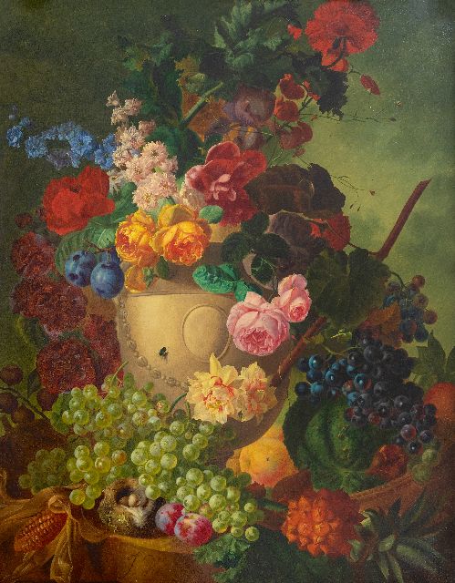 Os J. van | Still life with flowers, fruit and a bird's nest on a marble plinth, oil on canvas 84.1 x 65.3 cm, signed l.l.