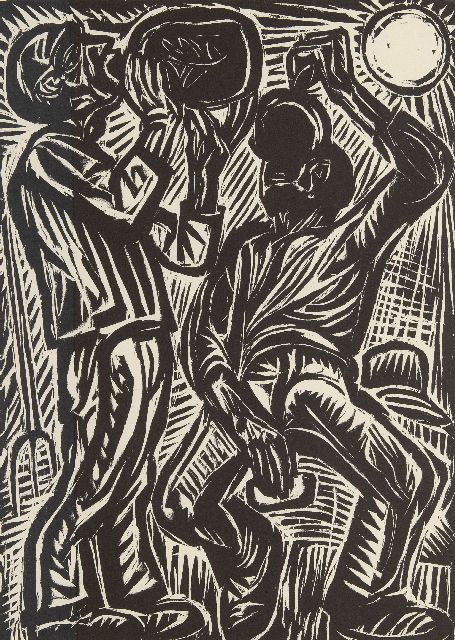 Johan Dijkstra | The Drinkers (posthumous printing), woodcut on paper, 49.5 x 37.0 cm