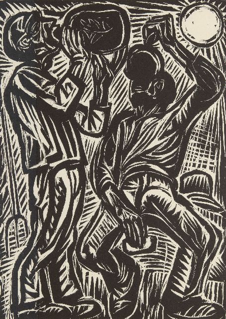 Johan Dijkstra | The Drinkers (posthumous printing), woodcut on paper, 49.5 x 37.0 cm