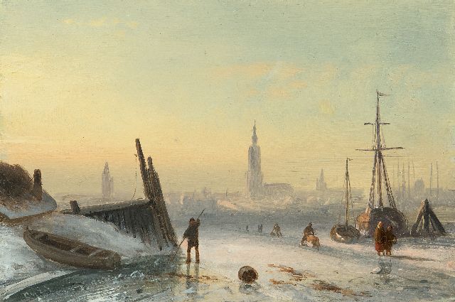 Charles Leickert | Ice scene with skaters near a city, oil on panel, 11.7 x 17.3 cm, signed l.l. with initials