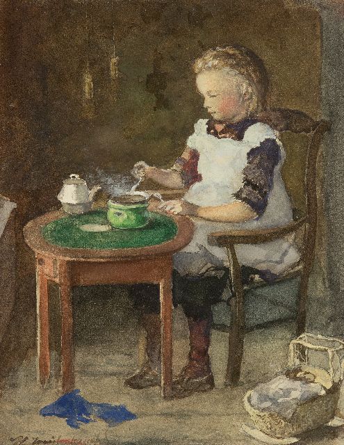 Weissenbruch H.J.  | Baking a pancake, watercolour on paper 35.2 x 27.0 cm, signed l.l.
