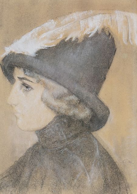 Leo Gestel | Portrait of a lady with a hat, chalk on paper, 47.0 x 33.5 cm, signed l.r. and painted ca. 1910-1911