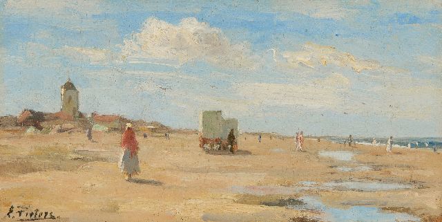 Pieters E.  | Sunny day on the beach of Katwijk, oil on panel 13.4 x 26.2 cm, signed l.l.