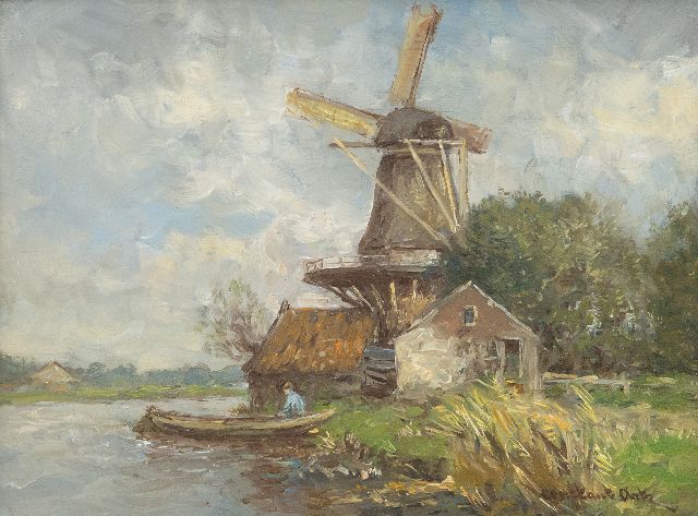 Constant Artz | Angler in a barge near a windmill, oil on panel, 18.0 x 24.1 cm, signed l.r.