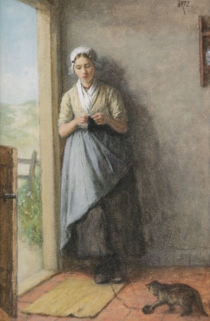 David Artz | Girl knitting in the doorway, watercolour on paper, 53.8 x 36.0 cm, signed u.r. and painted ca. 1881