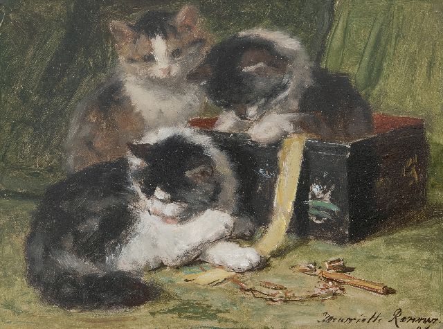 Ronner-Knip H.  | Kittens playing with a sweing box, oil on panel 25.0 x 33.5 cm, signed l.r. and dated '94