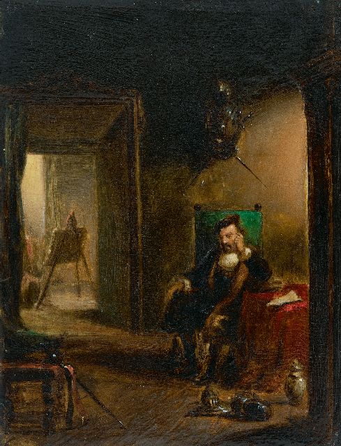 Hendricus Johannes Scheeres | A painter taking a nap in his studio, oil on panel, 17.9 x 13.7 cm
