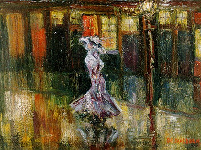 Louis Saalborn | An elegant lady in a street at night, oil on panel, 21.0 x 27.0 cm, signed l.r. and dated 1910