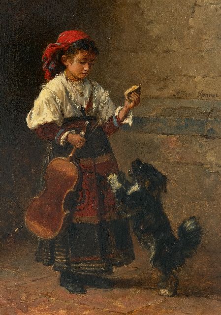 Alfred Ronner | Gypsy girl with her dog, oil on panel, 24.7 x 17.7 cm, signed c.r.