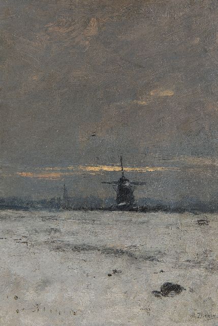 Philip Zilcken | A windmill in a snowy landscape at sunset, oil on panel, 29.7 x 20.3 cm, signed l.r. and painted ca. 1903