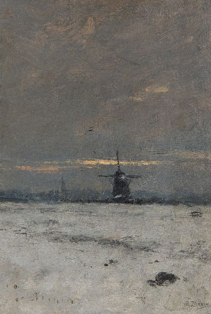 Zilcken C.L.P.  | A windmill in a snowy landscape at sunset, oil on panel 29.7 x 20.3 cm, signed l.r. and painted ca. 1903