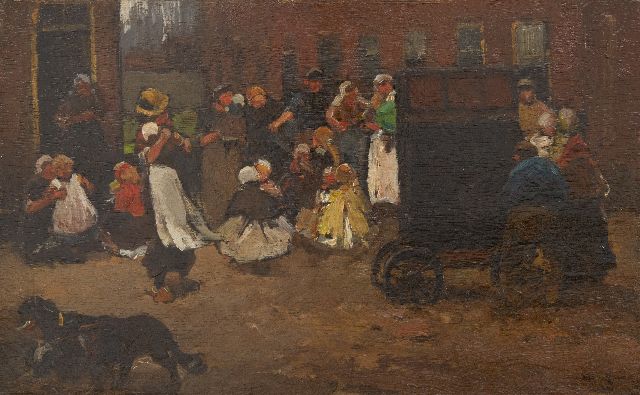 Zwart W.H.P.J. de | Children dancing to the street musician, oil on panel 22.2 x 35.6 cm, signed l.r. and painted ca. 1890