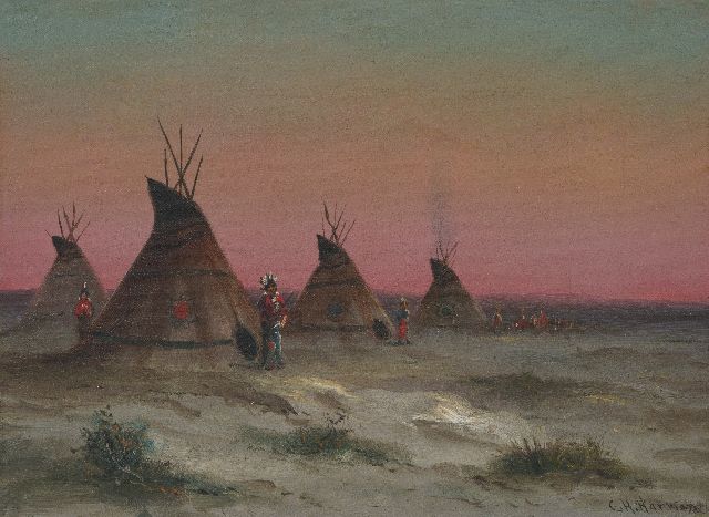 Harmon C.H.  | Landscape with Indians, oil on canvas 23.0 x 30.8 cm, signed l.r.