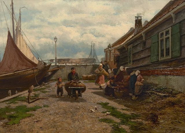 Koekkoek J.H.B.  | Fisherwomen selling their catch a Zuiderzee harbour, oil on panel 53.2 x 73.0 cm, signed l.l. and dated 1894