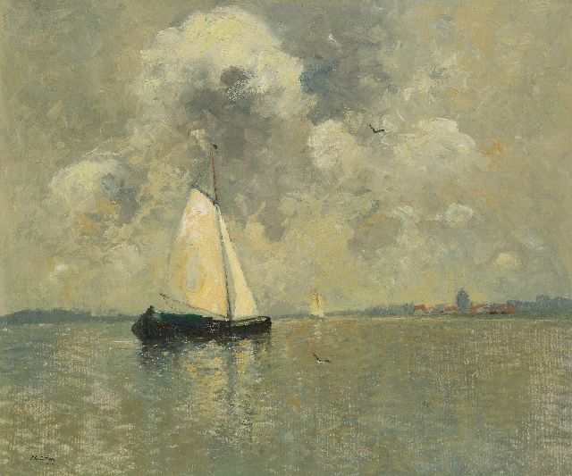 Chris Soer | Sailing barge  on a river, oil on canvas laid down on panel, 62.5 x 74.9 cm, signed l.l.