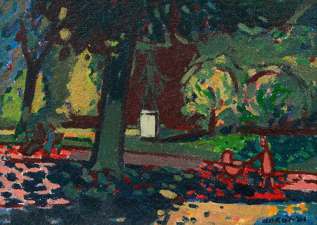 Kat O.B. de | Ørstedsparken in Copenhagen, oil on canvas 24.2 x 33.0 cm, signed l.r. and dated '61