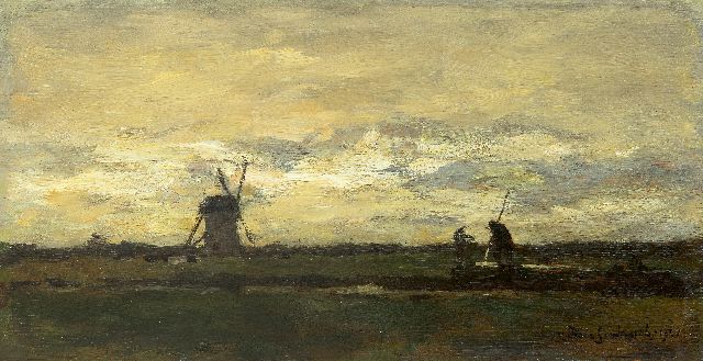 Weissenbruch H.J.  | Landscape with stippling farmer and windmill, oil on panel 16.2 x 31.2 cm, signed l.r. and dated 1901