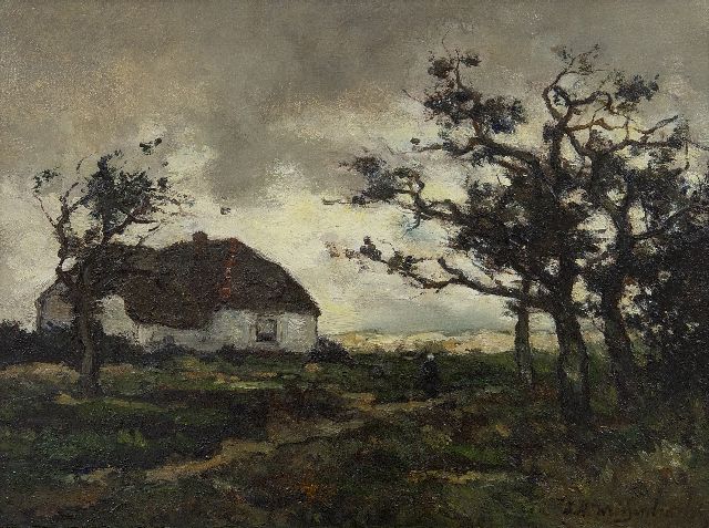 Weissenbruch H.J.  | Landscape with farmhouse near Dekkersduin, The Hague, oil on paper laid down on panel 23.2 x 31.1 cm, signed l.r.