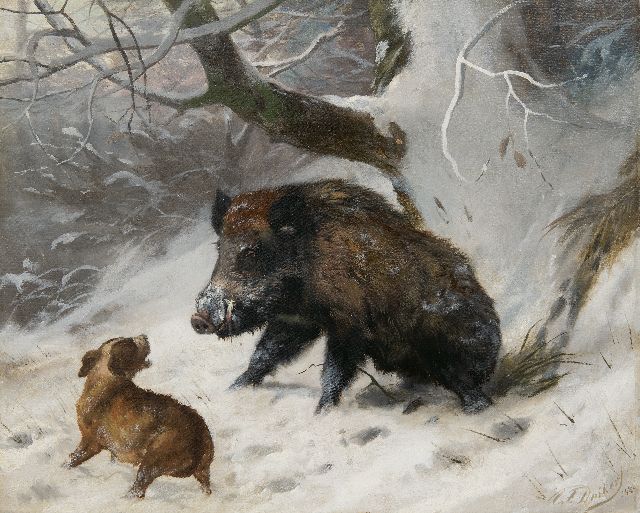 Deiker C.F.  | Hound tracking down a wild boar, oil on canvas 40.2 x 49.8 cm, signed l.r. and dated 1888