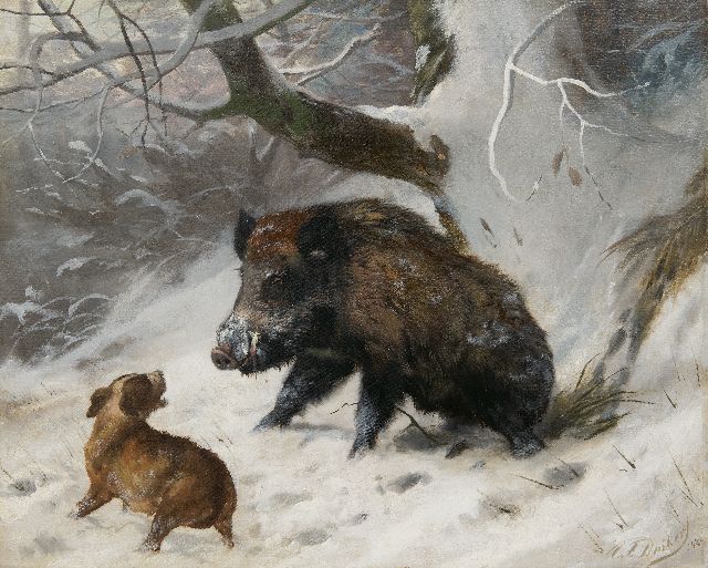 Carl Friedrich Deiker | Hound tracking down a wild boar, oil on canvas, 40.2 x 49.8 cm, signed l.r. and dated 1888