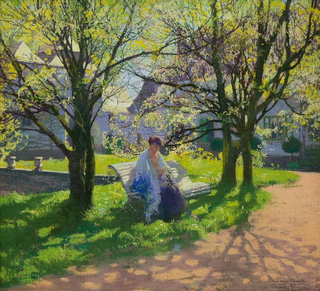Firmin Baes | A woman knitting in the garden, pastel on paper, 45.0 x 49.8 cm, signed l.r. and dated 19 April 1914