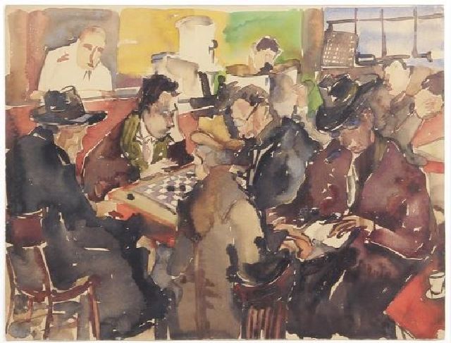 Ernest Albert | Playing checkers in the pub, watercolour on paper, 37.3 x 49.3 cm