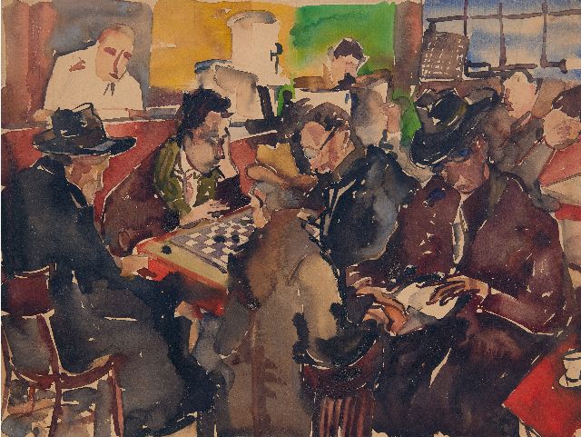 Ernest Albert | Playing checkers in the pub, watercolour on paper, 37.3 x 49.3 cm, without frame