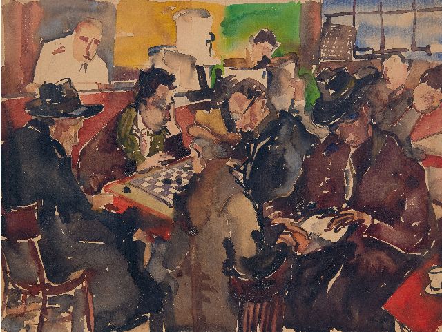 Albert E.  | Playing checkers in the pub, watercolour on paper 37.3 x 49.3 cm