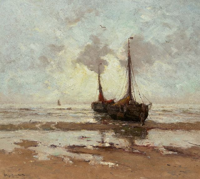 Morgenstjerne Munthe | Fisching barges at anchor on the beach, oil on canvas, 57.0 x 64.3 cm, signed l.l. and dated 1914