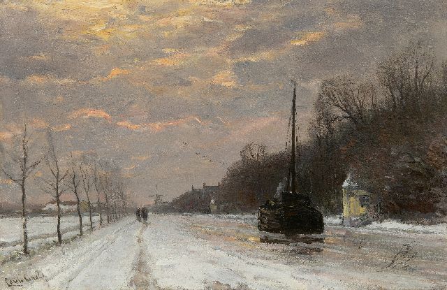 Louis Apol | A barge on the river Vecht in winter, oil on panel, 27.5 x 42.1 cm, signed l.l.