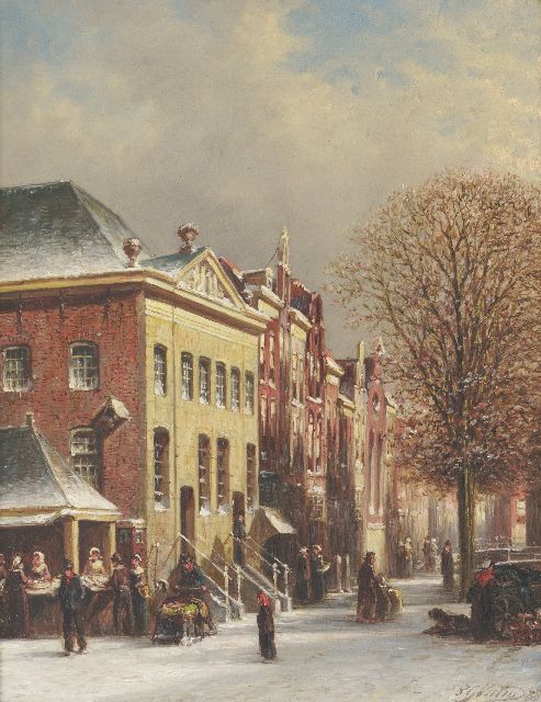 Vertin P.G.  | Wintery street in Delft with the fish banks on the corner with the Voldersgracht, oil on panel 30.8 x 24.3 cm, signed l.r. and dated '88