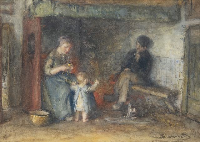 Bernard Blommers | By the fireplace, watercolour on paper, 35.6 x 50.0 cm, signed l.r.