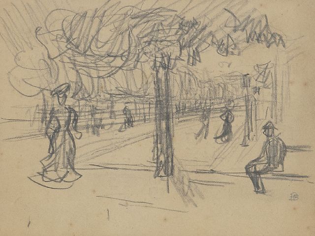 Pierre Bonnard | Boulevard animé, black chalk on paper, 10.9 x 14.0 cm, signed l.r. with monogram