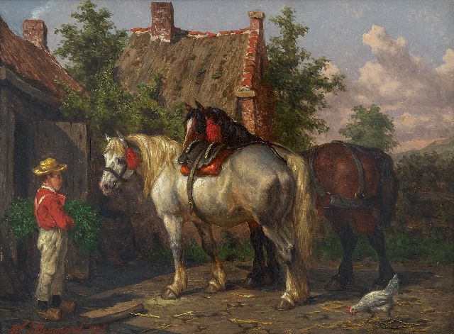 Willem Johan Boogaard | Horses and groomsman by a stable, oil on panel, 20.0 x 27.2 cm, signed l.l. and dated 1877