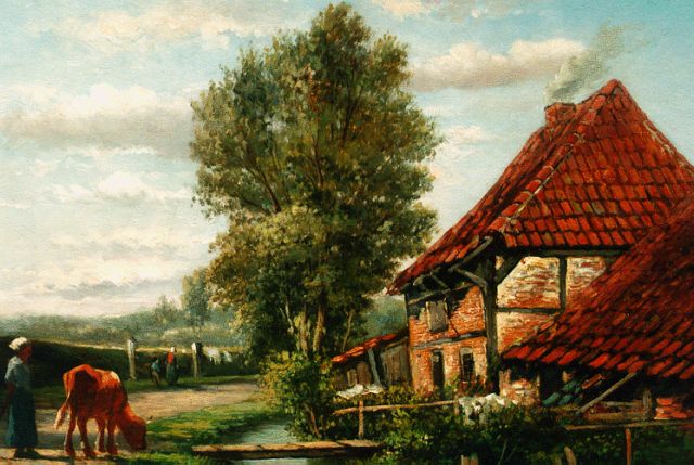 Hendrik Hulk | A farmer's wife on a yard, oil on panel, 24.2 x 32.2 cm, signed l.r.